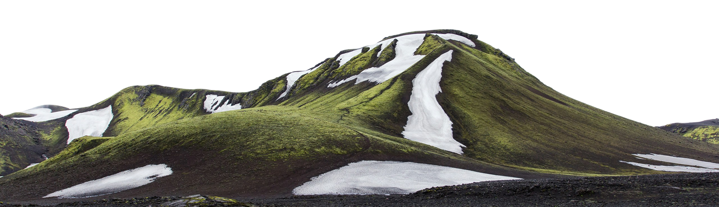 Mossy green mountain range with snow patches